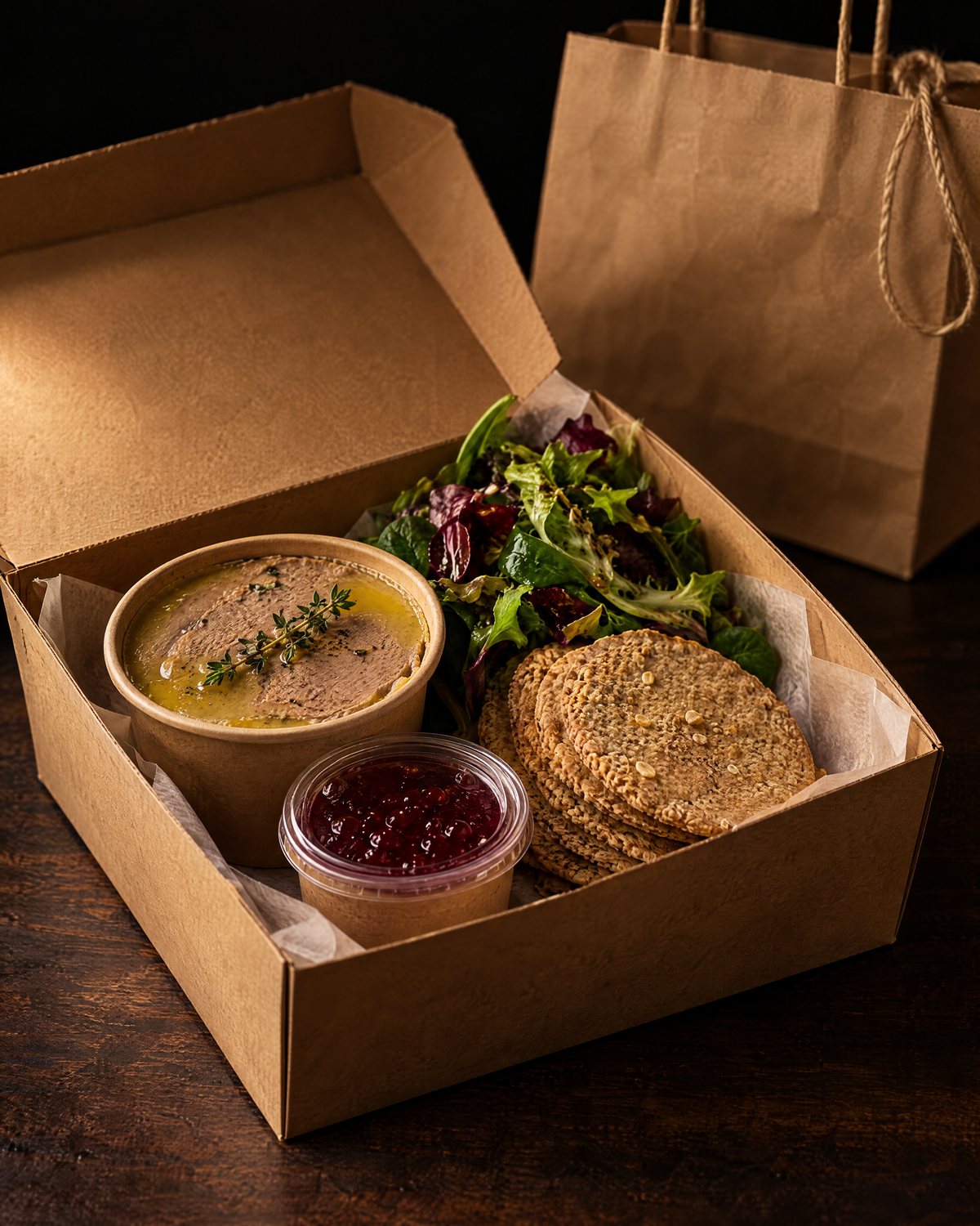 Chicken liver pâté with oatcakes, redcurrant jelly and dressed leaves, packed in a kraft takeaway box
