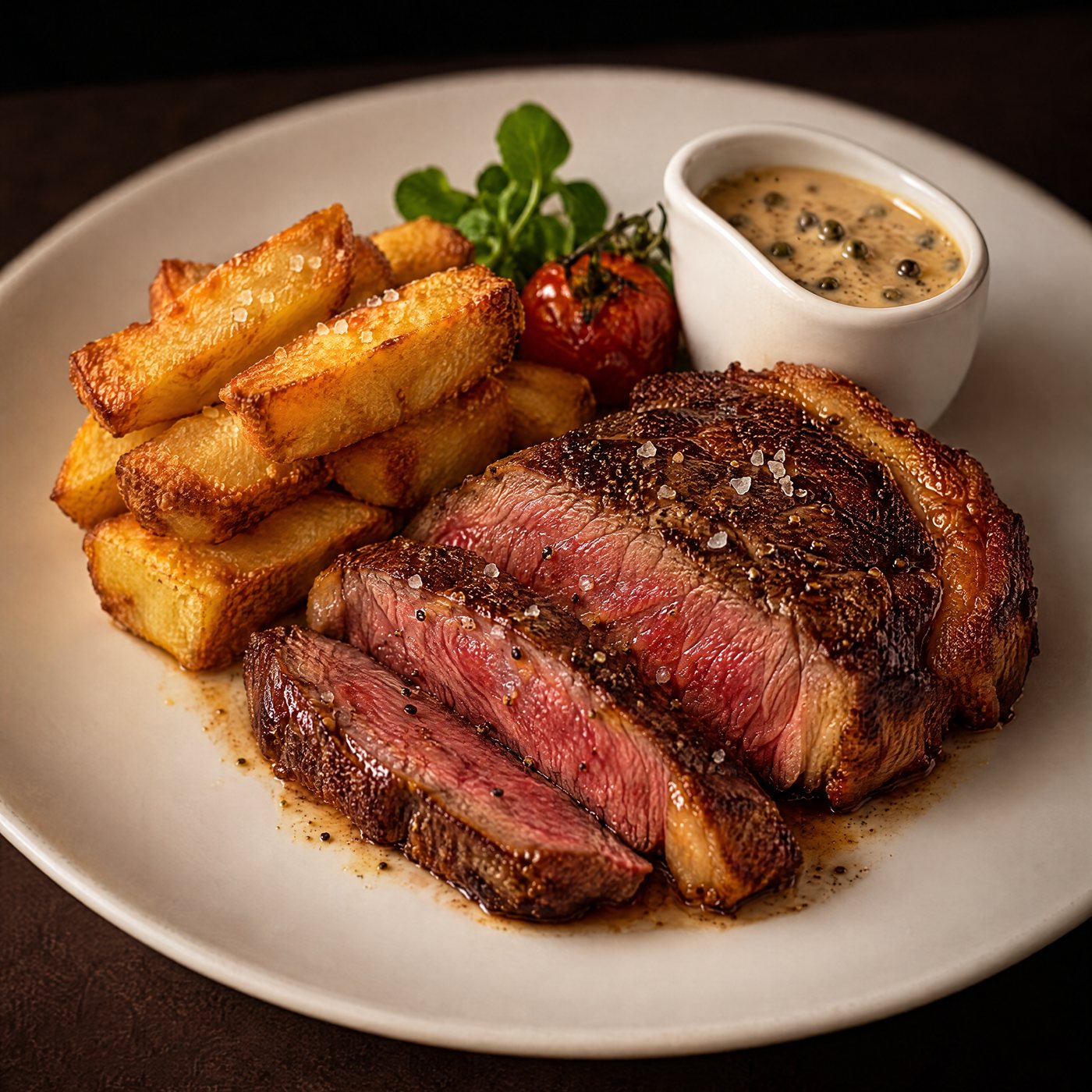 Sliced medium-rare sirloin steak with thick-cut golden chips and peppercorn sauce